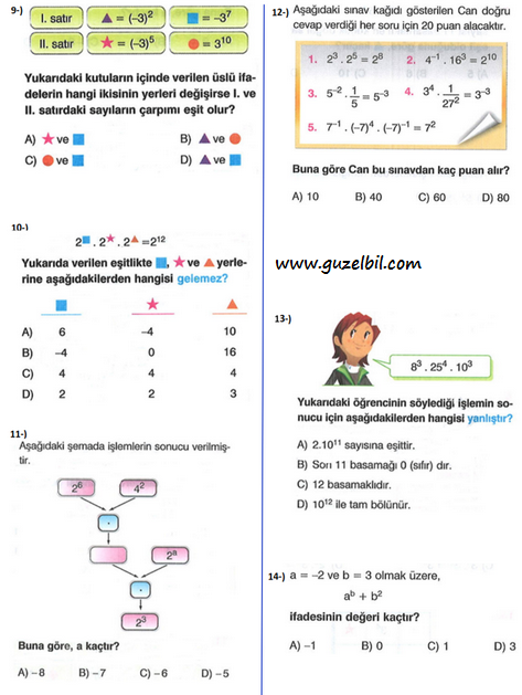 ÜSLÜ SAYI YAPRAK TEST,Cevaplı Matematik 8.Sınıf Üslü Sayılar Yaprak Test Soru Ve Cevap Anahtarı