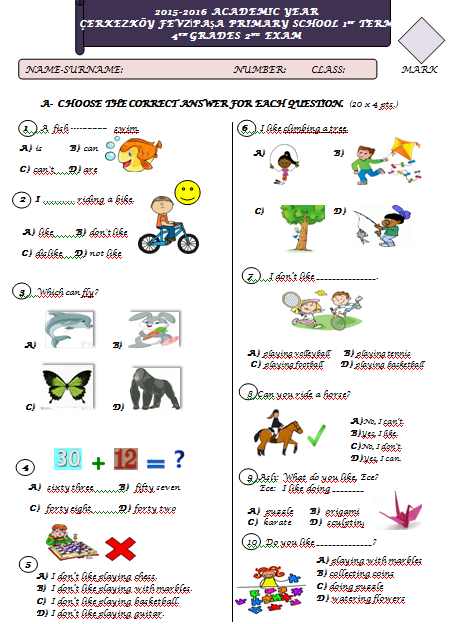 1.Dönem İngilizce Dersi 4.Sınıf 2.Yazılı Sınav Soru Kağıdı 4