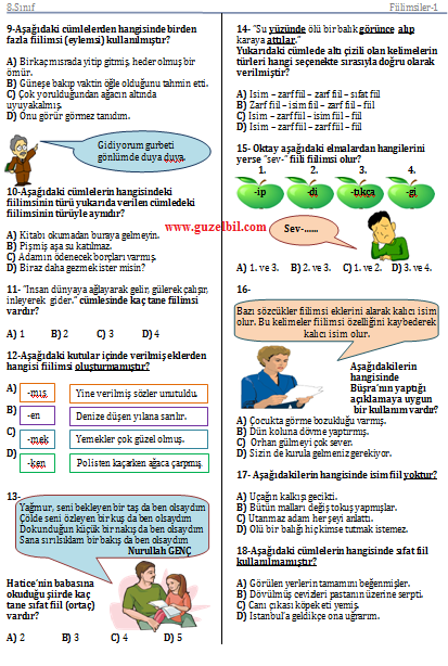 Teog Hazırlık 8.Sınıf Türkçe fiilimsiler Testi ve Cevapları-2