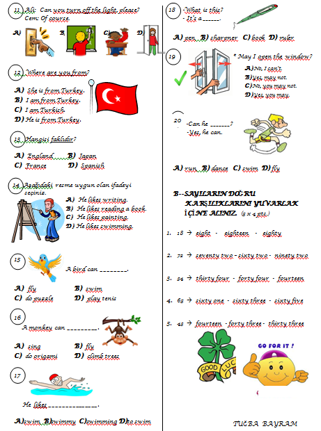 1.Dönem İngilizce Dersi 4.Sınıf 2.Yazılı Sınav Soru Kağıdı 4