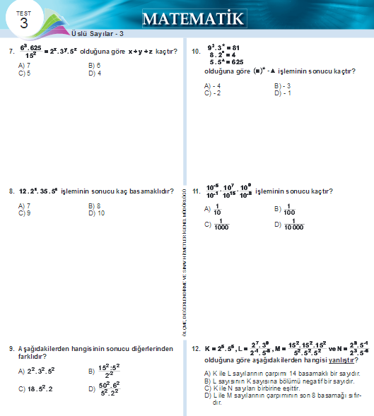 Üslü Sayılar 8.Sınıf Konu Test Soruları Ve Cevapları Teog Hazırlık