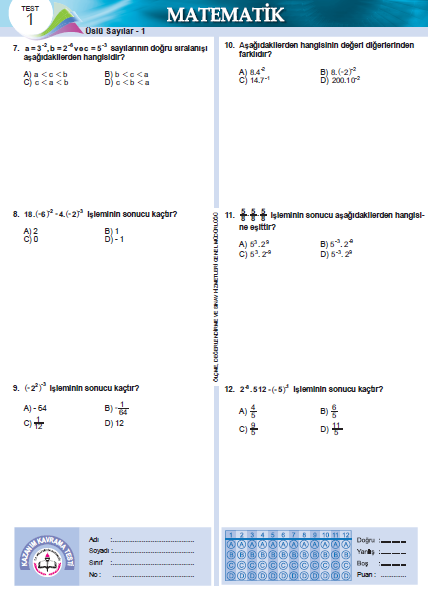 8.Sınıf Üslü Sayılar Konu Test Soruları ve Cevapları Teog Hazırlık