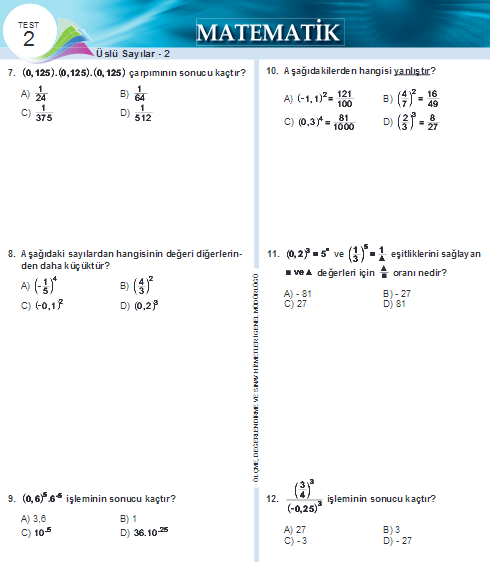Teog 8.Sınıf Üslü Sayılar Konu Test Soruları ve Cevapları Meb Kazanım