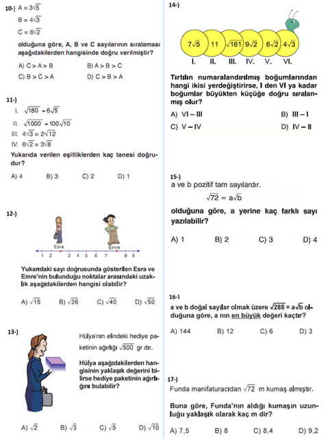 Matematik 8.Sınıf Kareköklü Sayılar Yaprak Test Soruları Teog