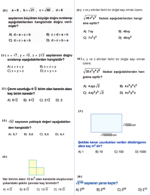 8.Sınıf Matematik Kareköklü Sayılar Konu Yaprak Test Soruları Ve Cevapları