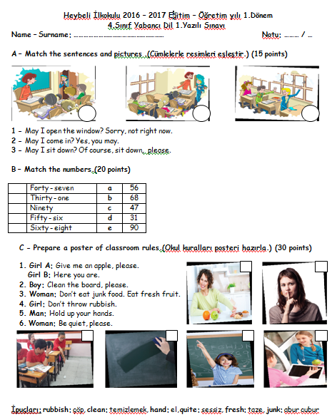 İngilizce Dersi 4. Sınıf 1. Dönem 1. Yazılı Sınavı Soruları Resimli
