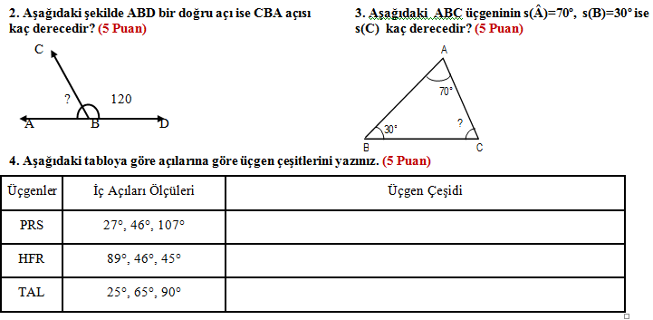 Matematik Dersi 4 Sınıf 1 Dönem 1 Yazılı Sınavı Soruları 2016 2017