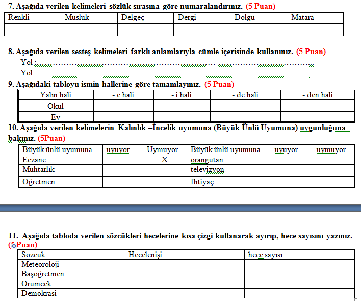 Türkçe Dersi 4 Sınıf 1 Dönem 1 Yazılı Sınavı Soruları 2016 2017