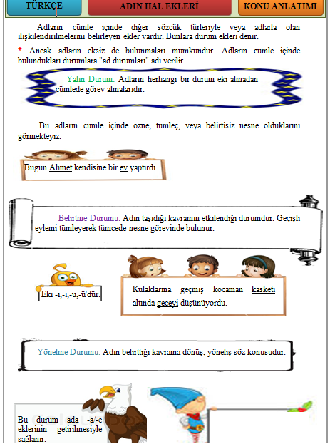 Adın hal ekleri 4. sınıf Türkçe konu anlatımı özet çalışması