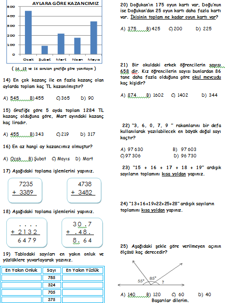 matematik 4.sınıf 1.dönem 2.yazılı sınavı soruları nilüfer bursa rotary