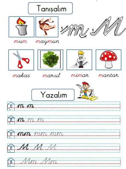 M sesi çalışması 1.sınıf M harfi hece kelime cümle yapma yazma etkinliği 