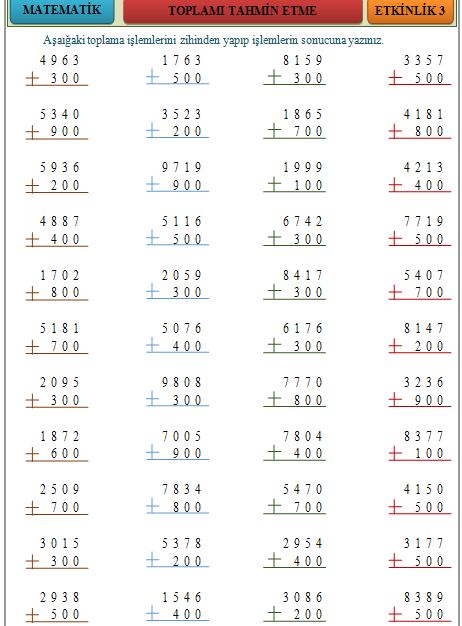 Toplmı tahmin etme 4. sınıf matematik dersi 