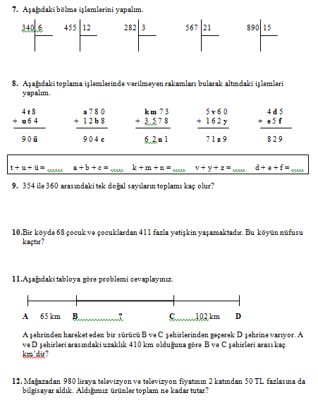 4. sınıf matematik genel değerlendirme çalışması