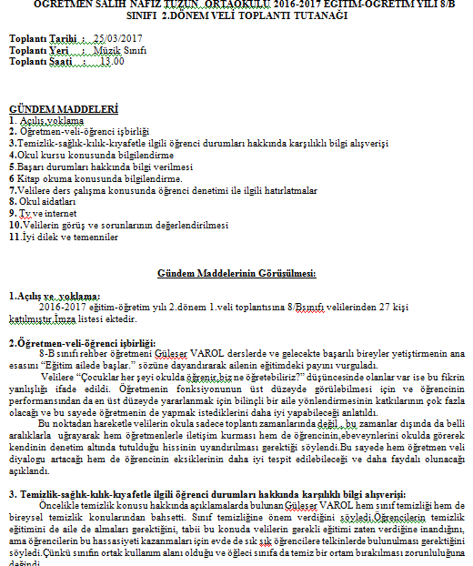 Ortaokul 8.sınıf 2.dönem başı veli toplantı tutanağı kararları yükle