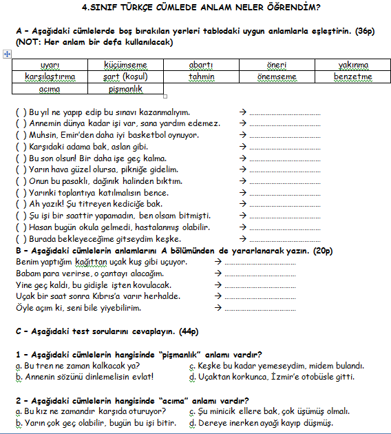 cümlede anlam testi