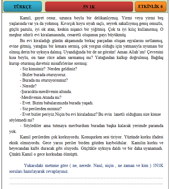 Türkçe dersi 4.sınıf 5N 1K etkinliği çalışma sayfası