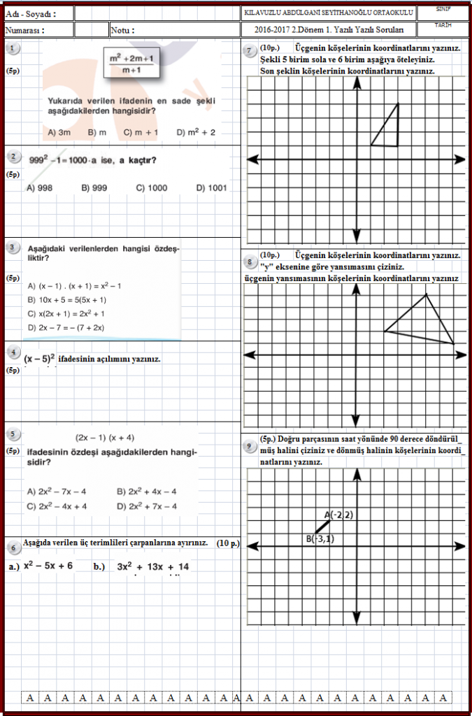 8.sınıf matematik 2.dönem 1.yazılı soruları yoklama kağıdı