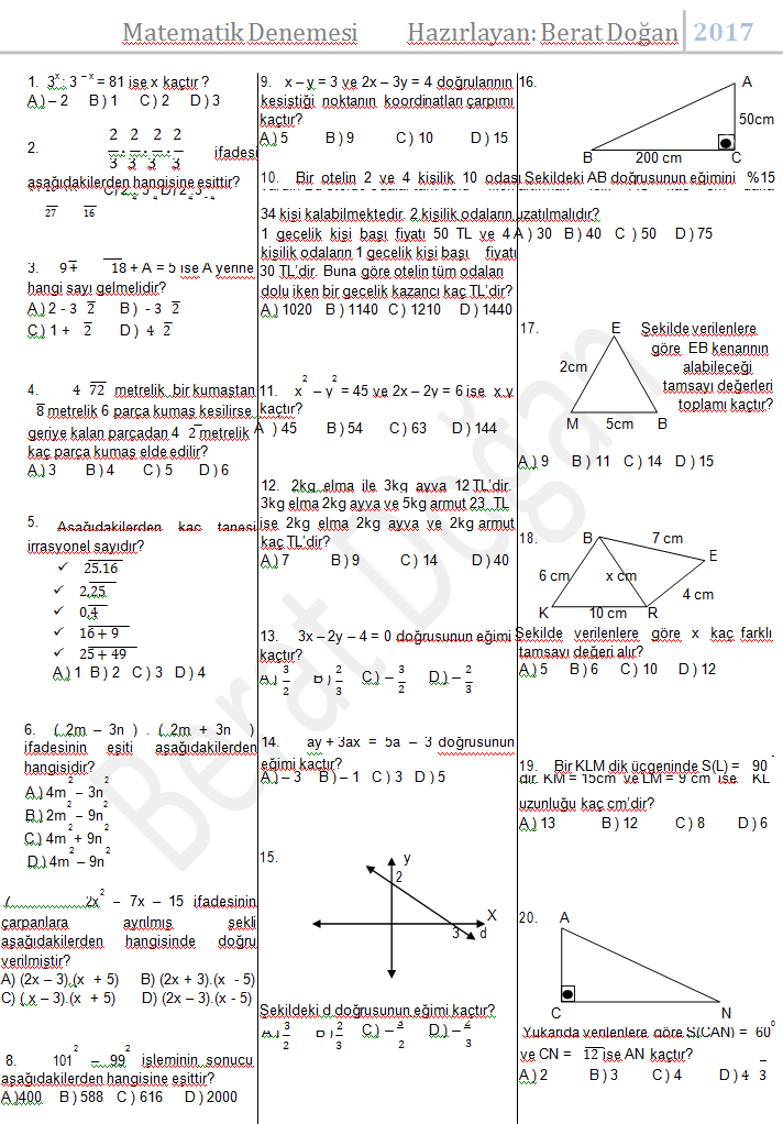 8. Sınıf Matematik Dersi Teog Deneme Sınavı Soruları Hazırlık Çalışması