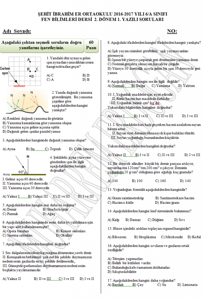 Fen bilimleri 6.sınıf 2.dönem 1.yazılı sınavı soruları
