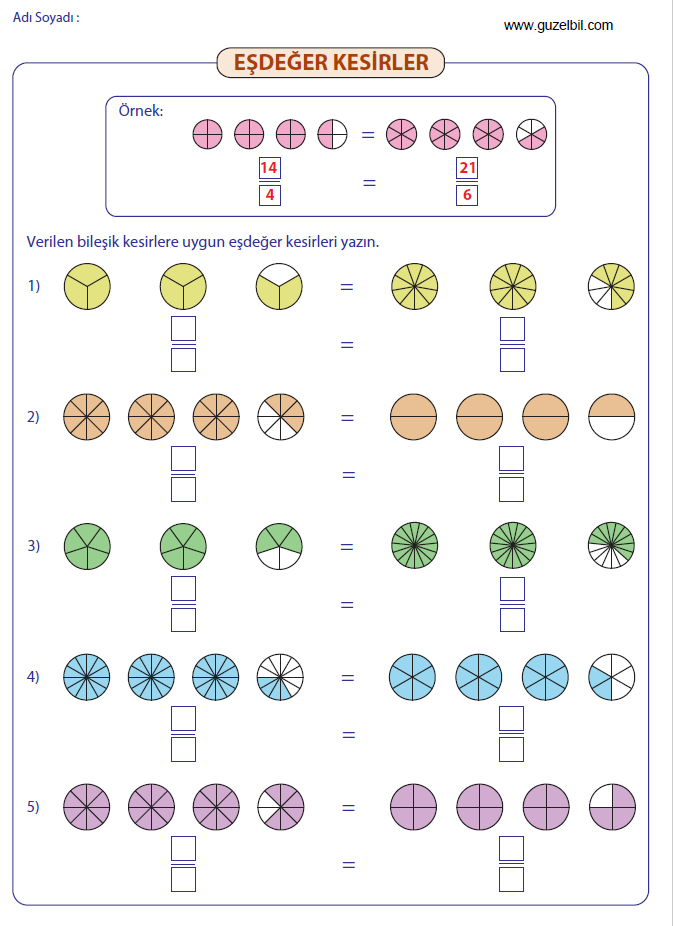 4. Sınıf Matematik Eşdeğer Bileşik Kesirler Etkinliği 1