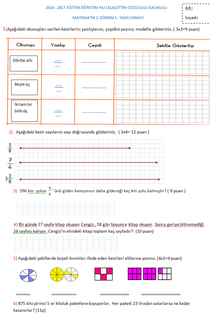 4.sınıf matematik dersi 2.dönem 1. yazılı sınav soruları değerlendirme 