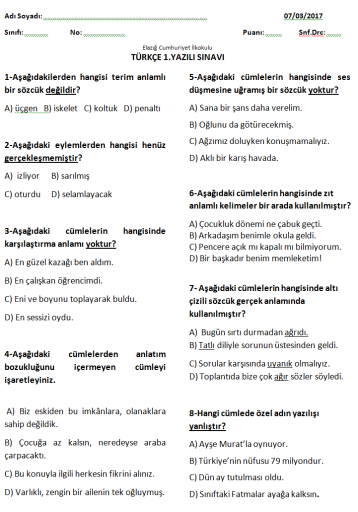 Türkçe dersi 4.sınıf 2.dönem 1.yazılı sınavı soruları 