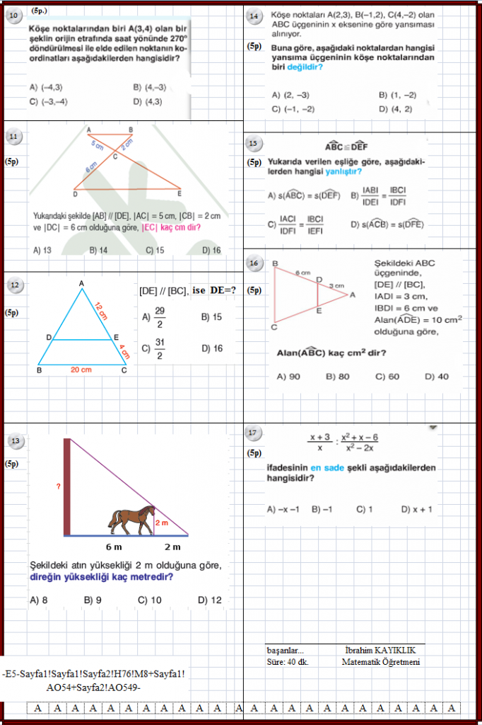 8.sınıf matematik 2.dönem 1.yazılı soruları yoklama kağıdı