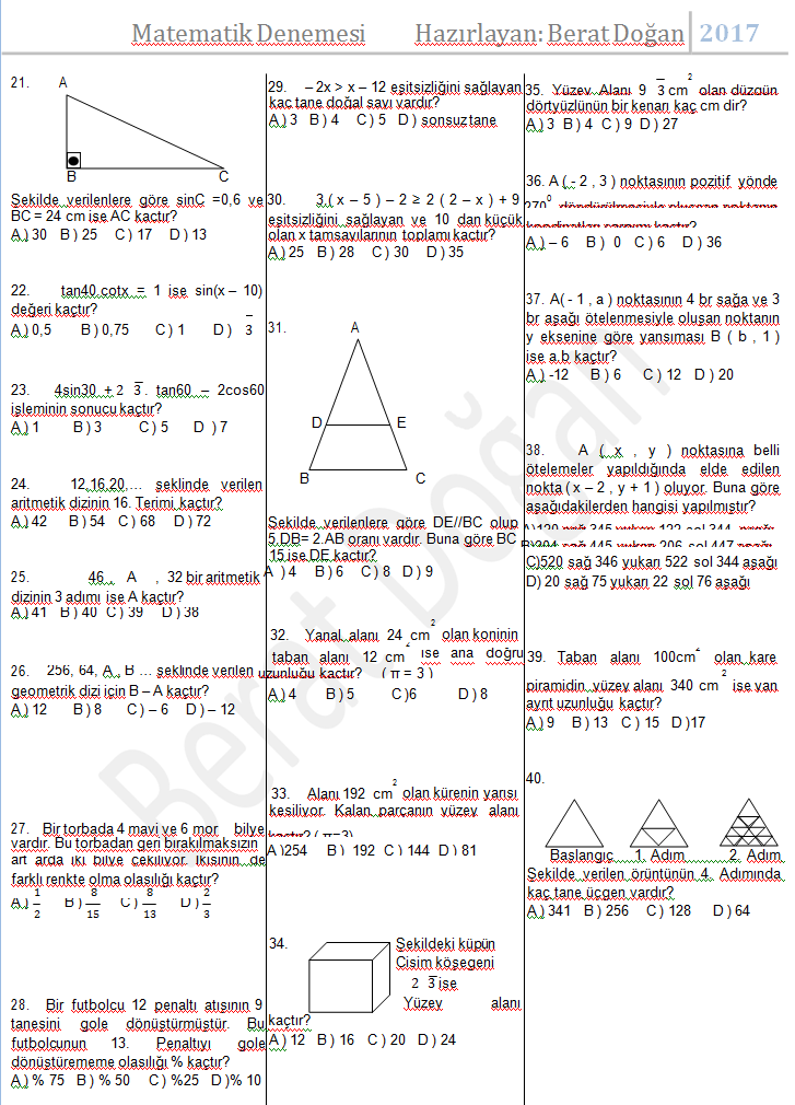 8. Sınıf Matematik Dersi Teog Deneme Sınavı Soruları Hazırlık 