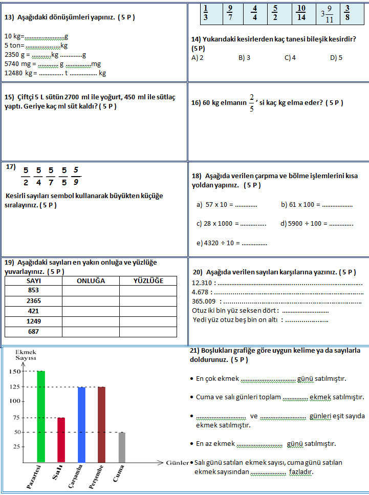 Matematik dersi 4.sınıf 2.dönem 1.yazılı sınavı soruları 