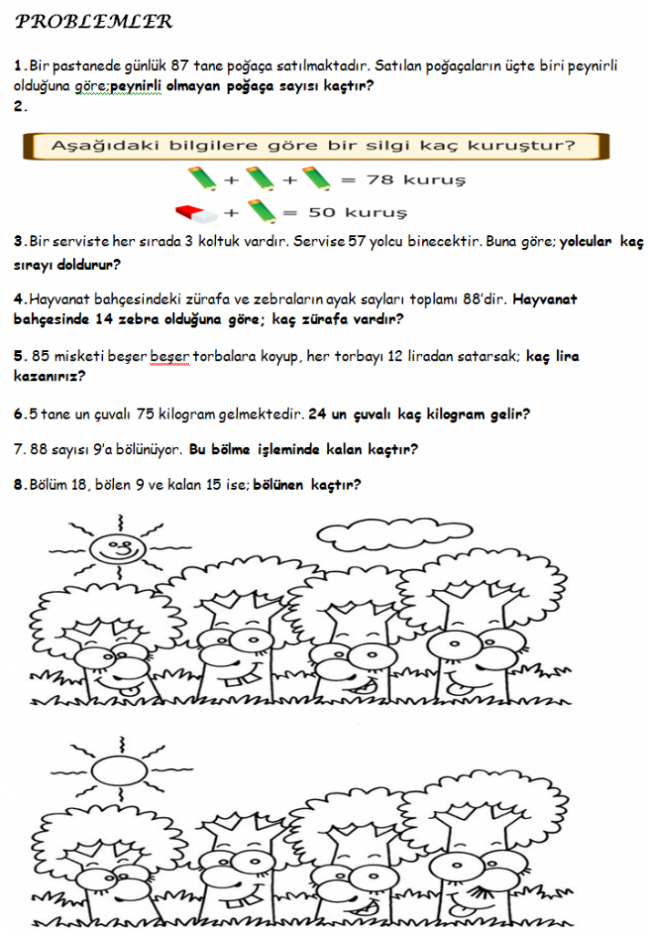 3. Sınıf Matematik Eğlenceli Problemler sorular