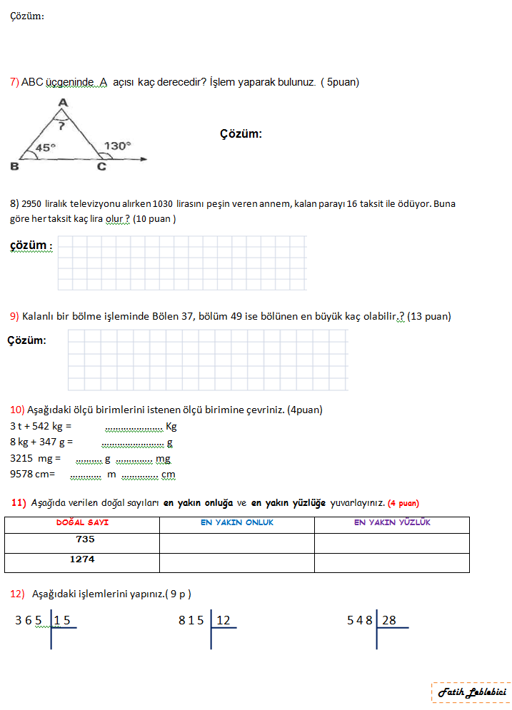 4.sınıf matematik dersi 2.dönem 1. yazılı sınav soruları 