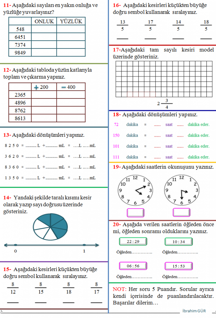 Matematik dersi 4.sınıf 2.dönem 1.yazılı sınavı soru çalışması