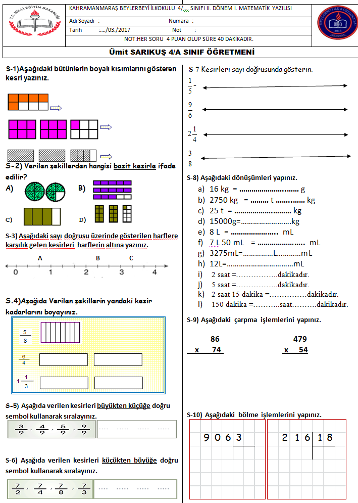 4.sınıf matematik dersi 2.dönem 1. yazılı sınav soruları 