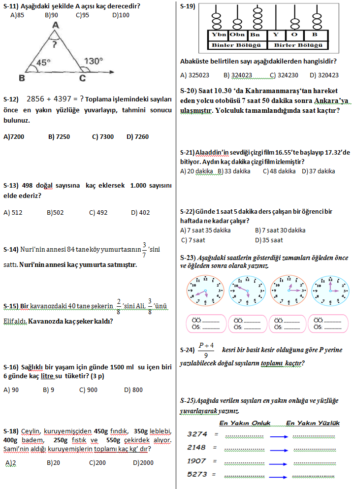 4.sınıf matematik dersi 2.dönem 1. yazılı sınav soruları değerlendirme hazırlığı