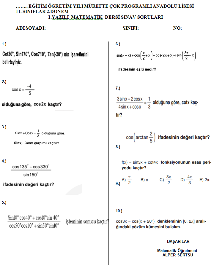 Lise 11.Sınıf Matematik Dersi 2.Dönem 1.Yazılı Soruları