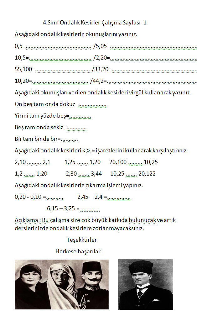  4.Sınıf Matematik Ondalık Kesirler Çalışma Sayfası 