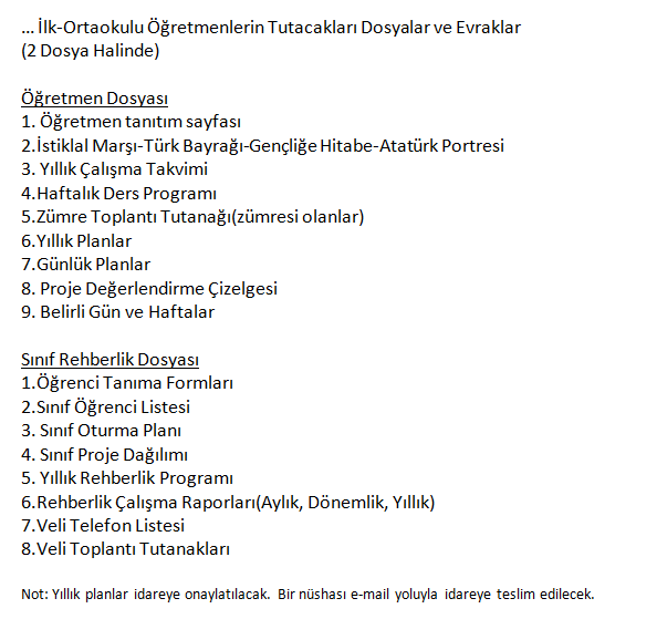 Eğitim-öğretim yılı öğretmenin tutacağı dosya ve evraklar 2017-2018