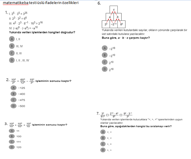 Matematik 8.Sınıf Üslü İfadelerin Özellikleri Konu Testi Teog