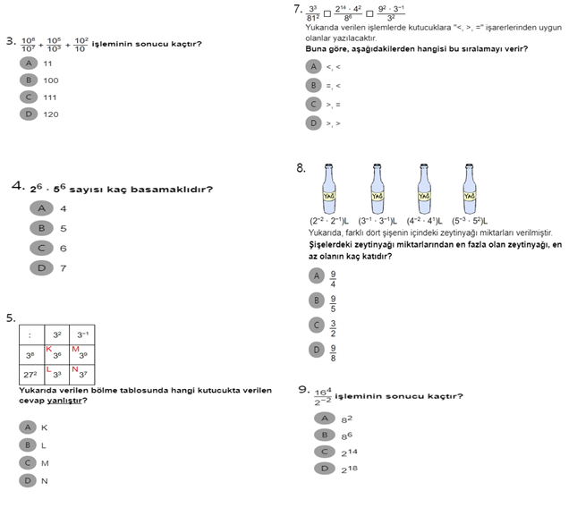 Matematik 8.Sınıf Üslü İfadelerin Özellikleri Konu Testi 