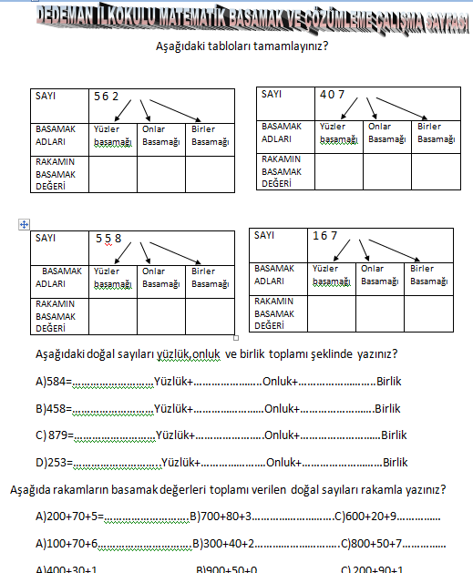 İlkokul 3.Sınıf Matematik Basamak Ve Çözümleme Etkinliği Güncel