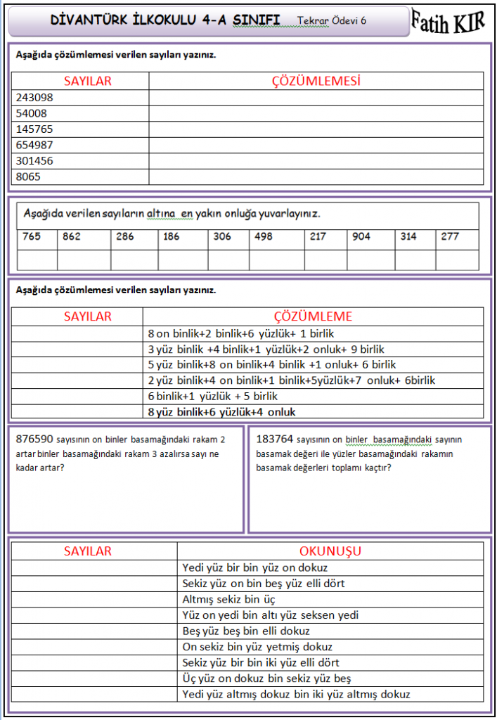 Ev Ödevi 4.Sınıf Matematik Tekrar Ödevi Yeni