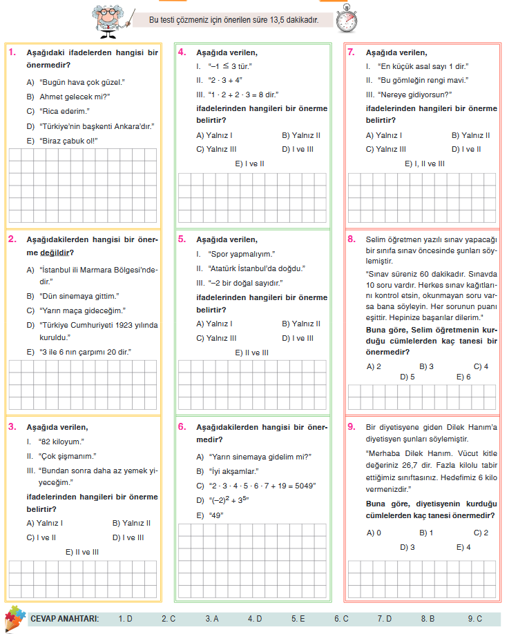 Önermeler Matematik 9.Sınıf Önermeler Testi ve Cevap Anahtarı