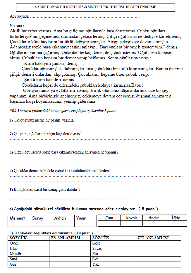 3. Sınıf Türkçe 2.Dönem 1.Yazılı Soruları Kazanım Değerlendirme Çalışma Kağıdı