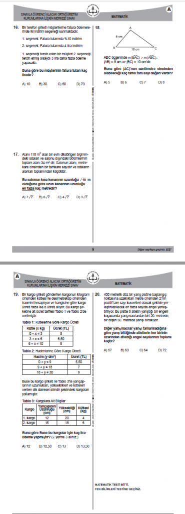 2018 LGS Sınavı Matematik Soruları ve Cevapları