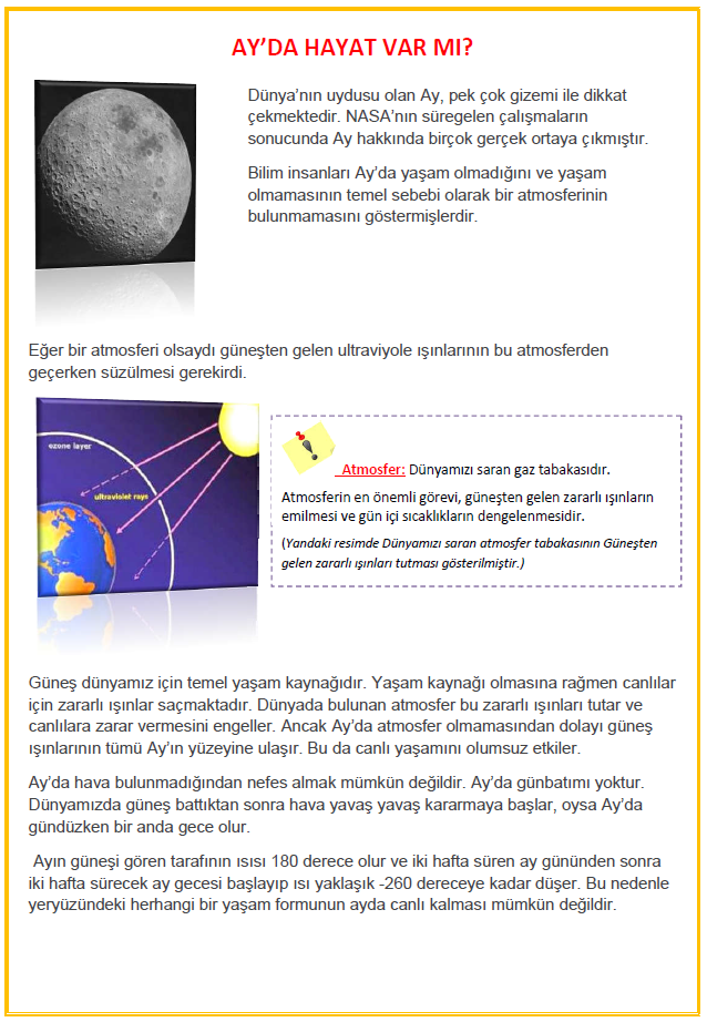 5. Sınıf Fen Bilimleri Ayda Yaşam Var Mı Konu Özeti Çalışma Kağıdı