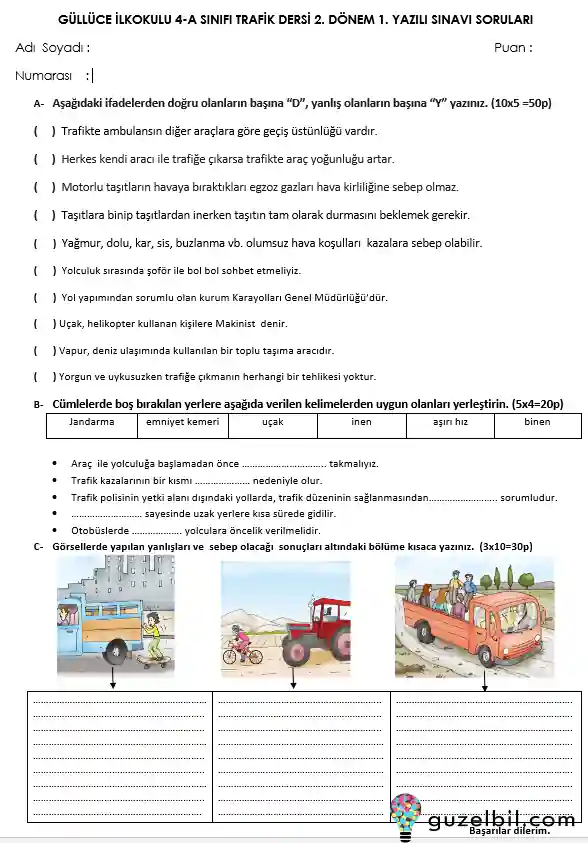 4. Sınıf Trafik Güvenliği 2.Dönem 1.Yazılı Soruları Tek Sayfa