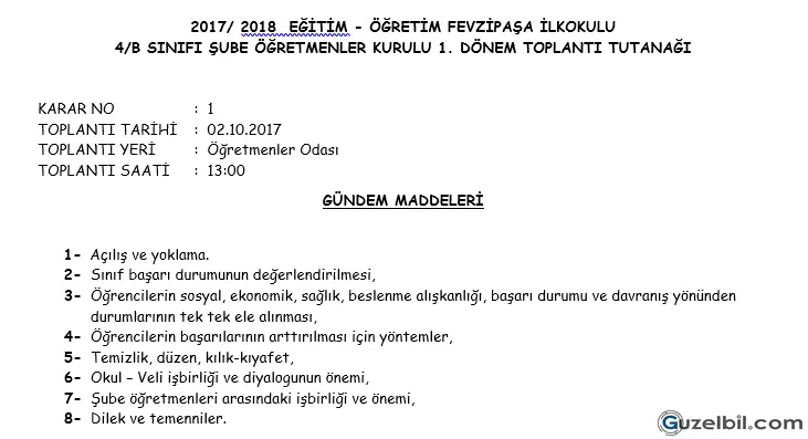 4.Sınıf 1.Dönem Şube Öğretmenler Kurulu Toplantı Tutanağı Yeni