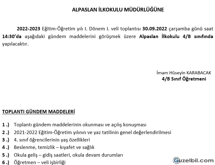 4.Sınıf 1.Dönem Veli Toplantısı Tutanağı