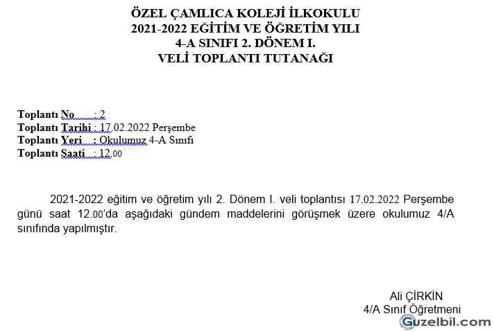 4.Sınıf 2.Dönem Veli Toplantı Tutanakları