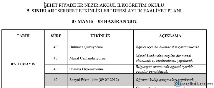 5.Sınıf Mayıs Ayı Serbest Etkinlik Planı